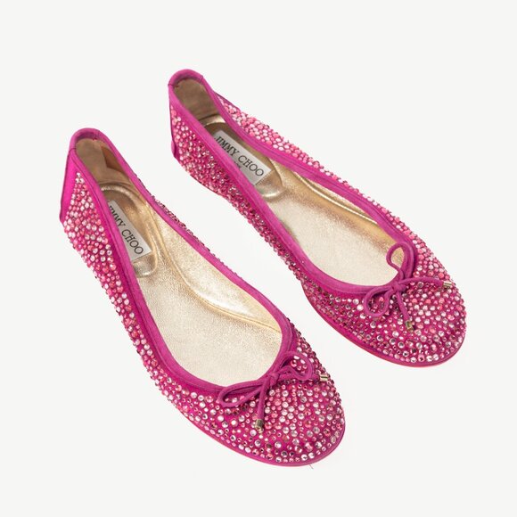 Jimmy Choo Weber Fuchsia Crystal-Embellished Satin Bow Ballet Flats - Picture 1 of 11